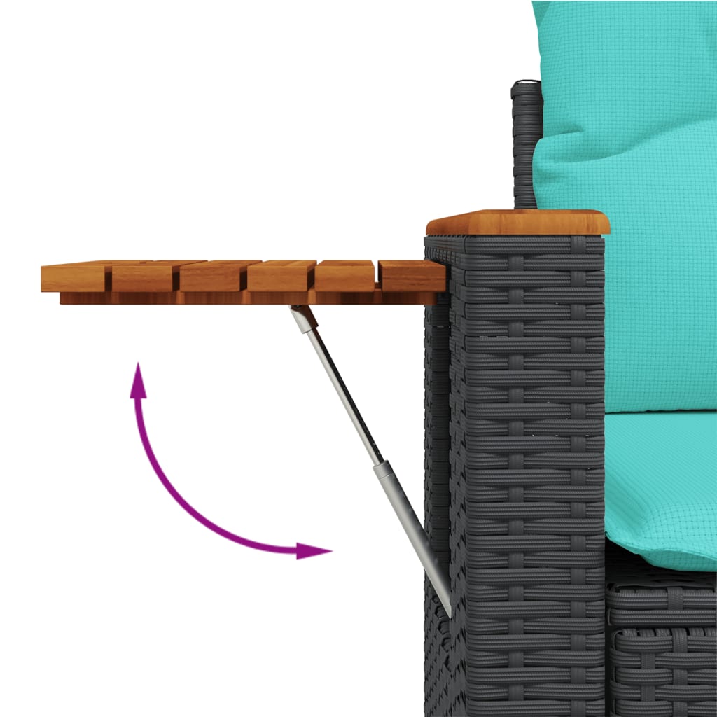 Kétszemélyes fekete polyrattan kerti kanapé párnákkal