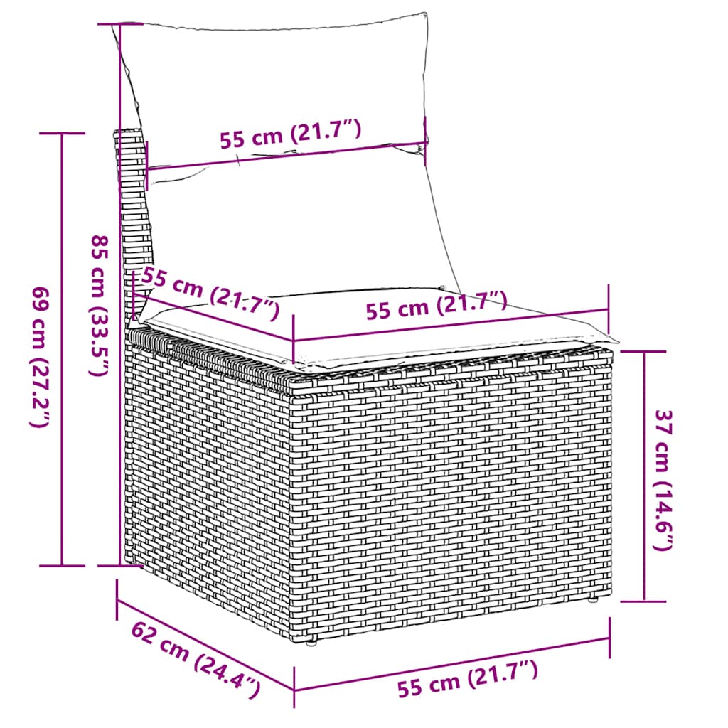 Világosszürke polyrattan karfa nélküli kerti kanapé párnával