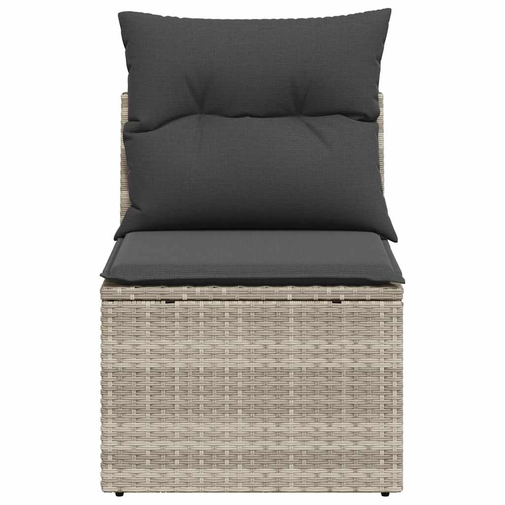 Világosszürke polyrattan karfa nélküli kerti kanapé párnával