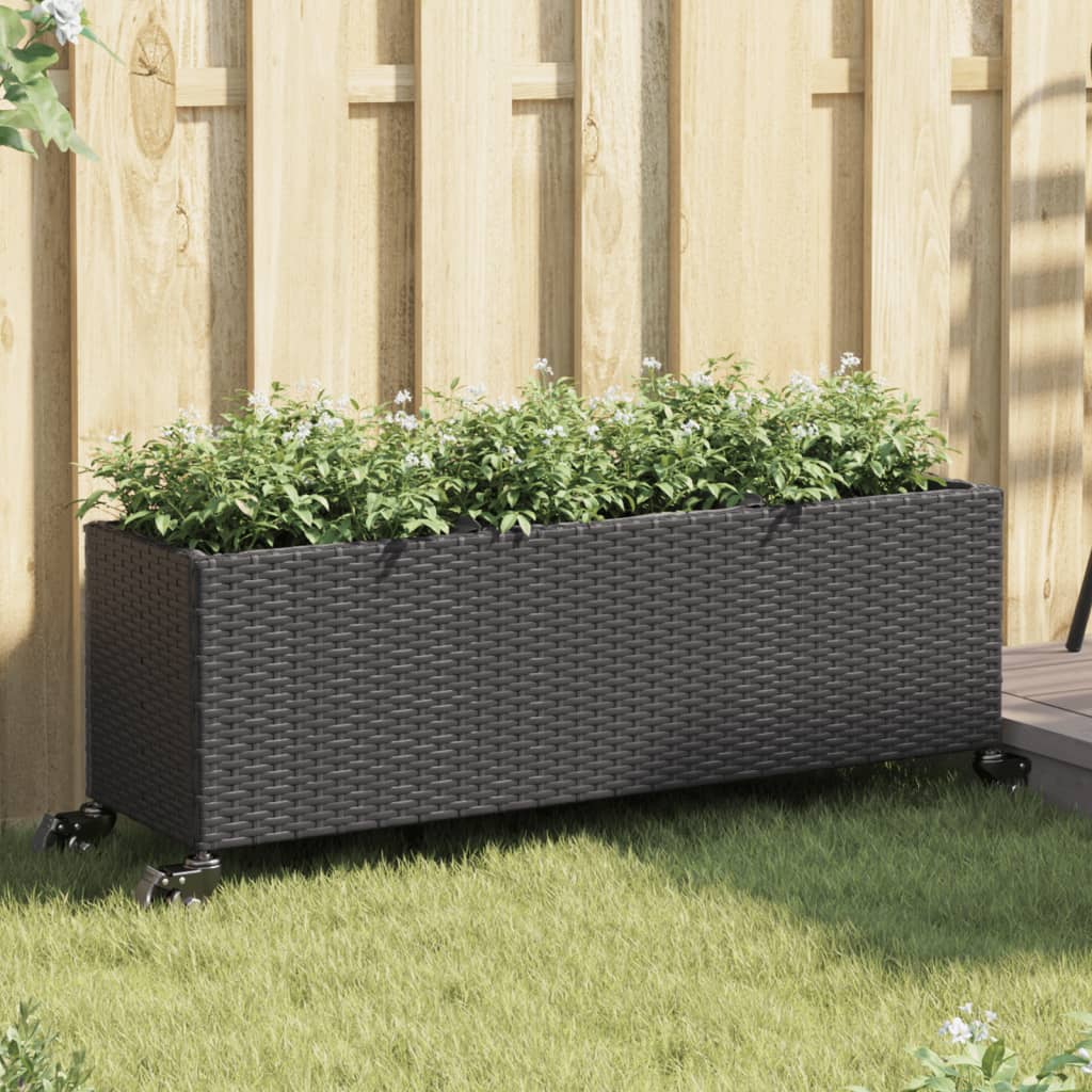 Fekete polyrattan növénytartó kerékkel/3 cseréppel 107x32x38 cm