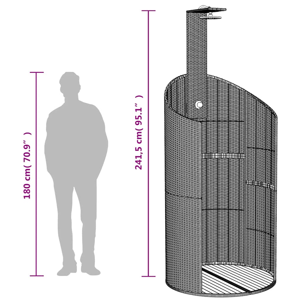 Fekete polyrattan és akácfa kültéri zuhanyzó 100x100x241,5 cm