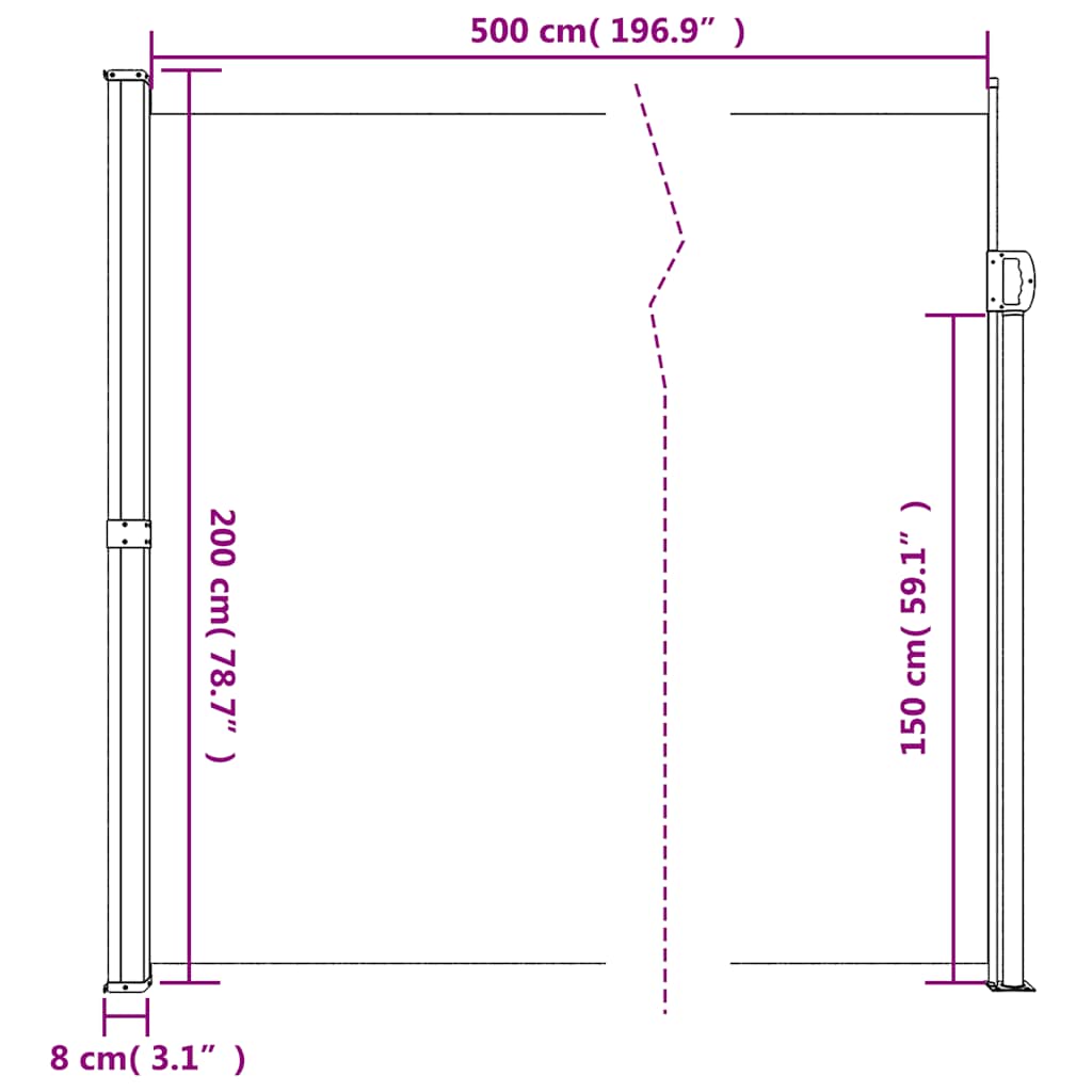 Krémszínű behúzható oldalsó napellenző 200 x 500 cm