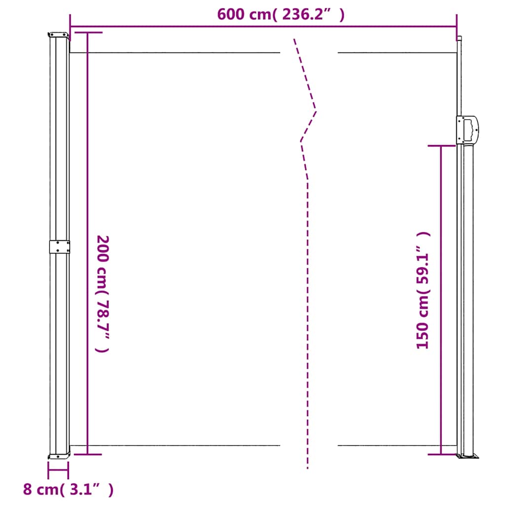 Sötétzöld behúzható oldalsó napellenző 200 x 600 cm