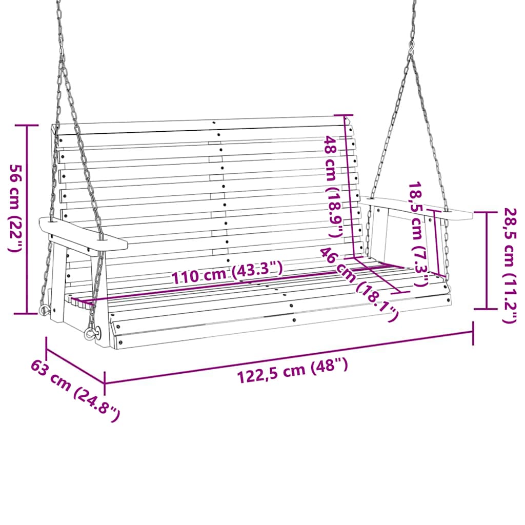 Barna tömör fenyőfa kerti hintapad fém láncokkal