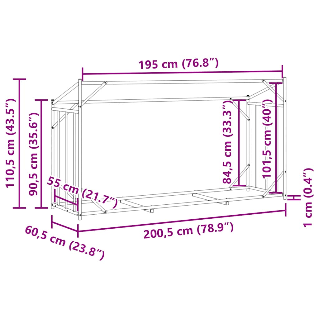 Tűzifa állvány esővédővel 200,5x60,5x110,5 cm horganyzott acél