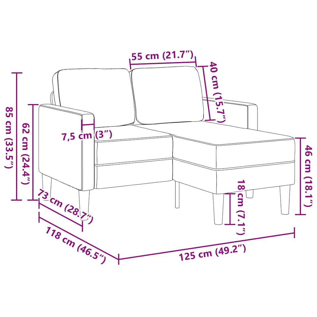 Borvörös műbőr 2 üléses kanapé L-alakú kanapéval 125 cm