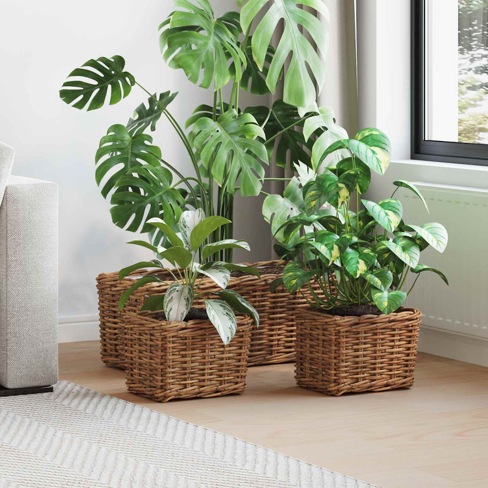 Ültető Kosár tárolóval 3 pcs Barna Kubu rattán