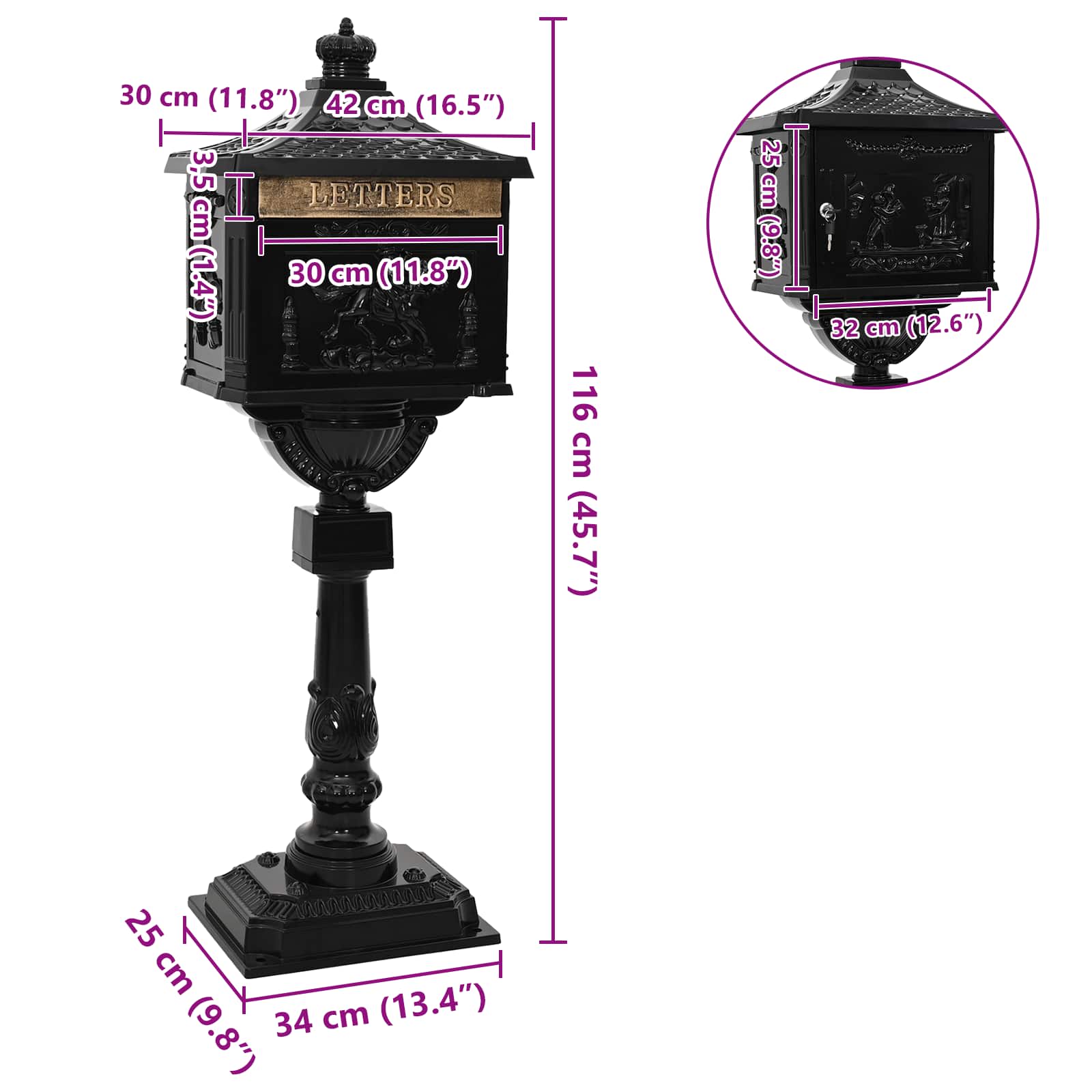 Álló Levélszekrény Fekete 42,5 x 29,5 x 117 cm Öntött alumínium