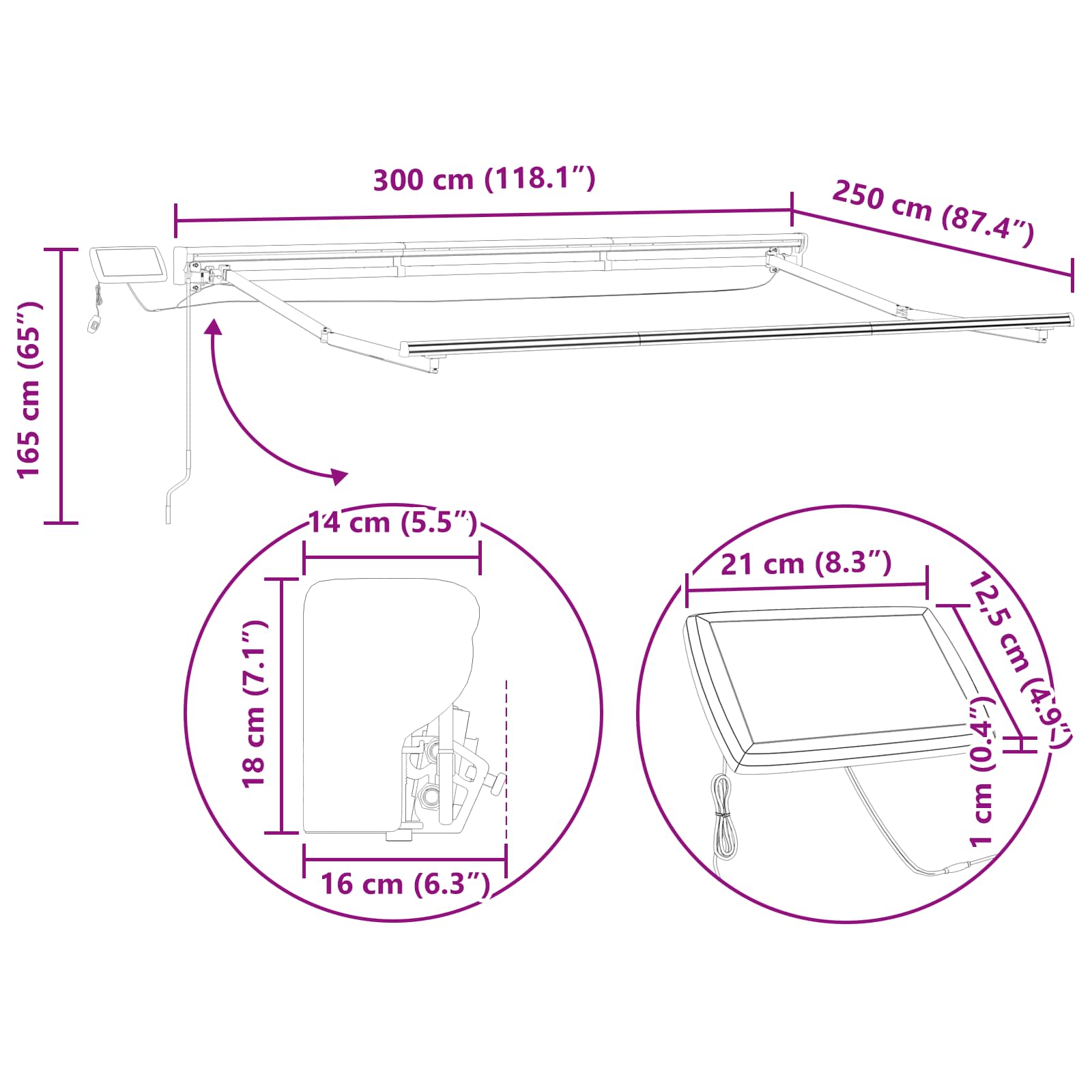 Kézi napellenző keret LED világítással Fehér 3 x 2,5 m