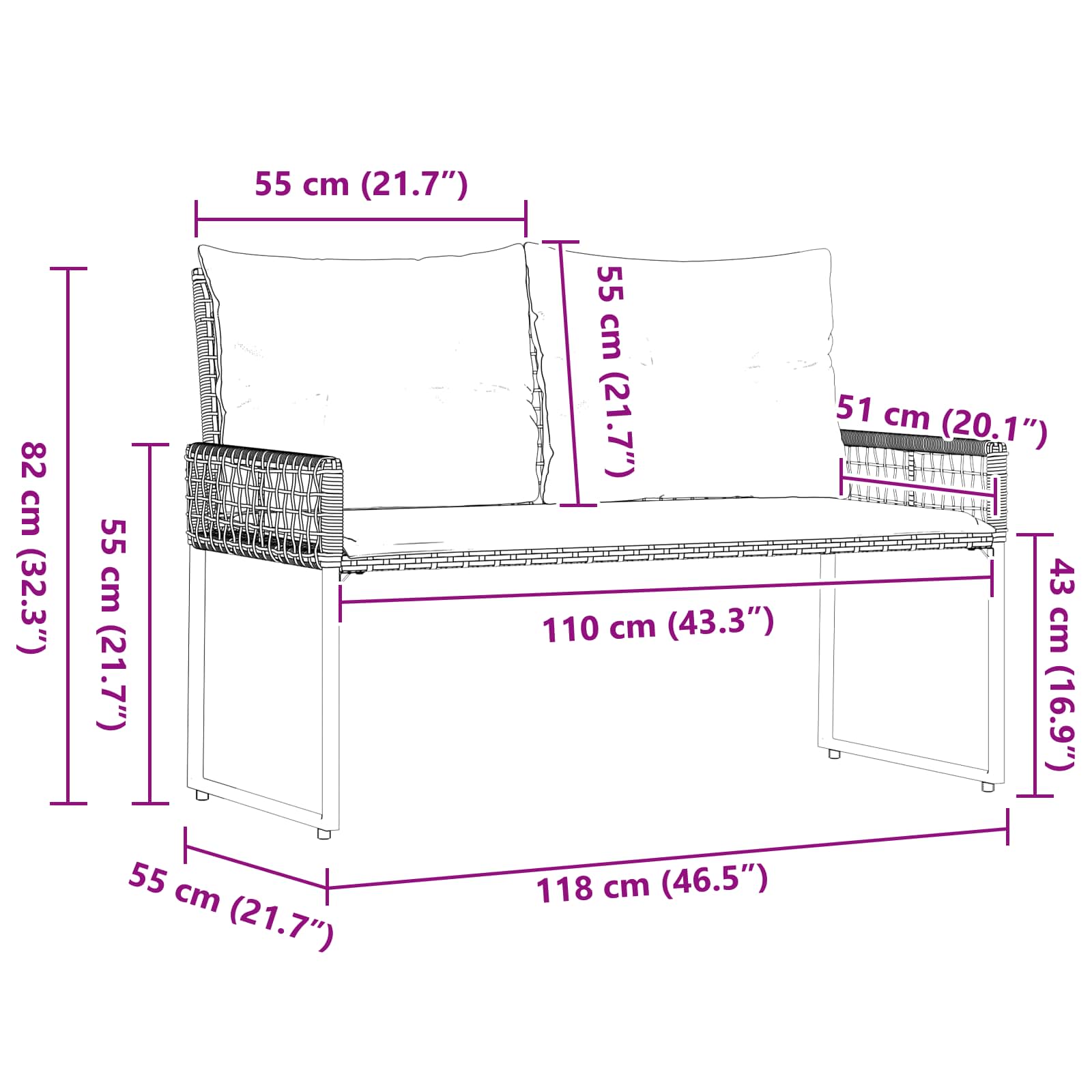 Kerti pad párnával Szürke 118 x 55 x 82 cm PE rattan és szövet