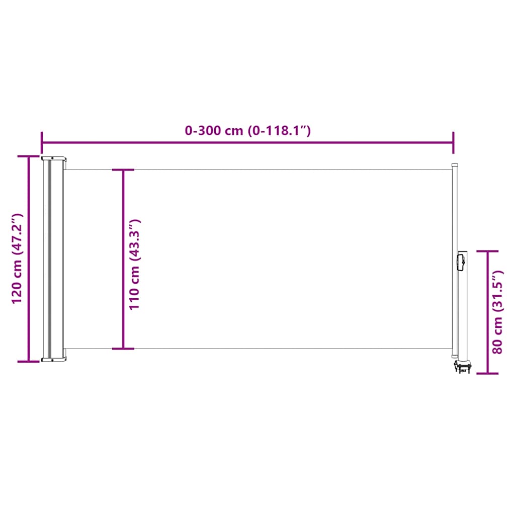 Krémszínű behúzható oldalsó terasz napellenző 120 x 300 cm