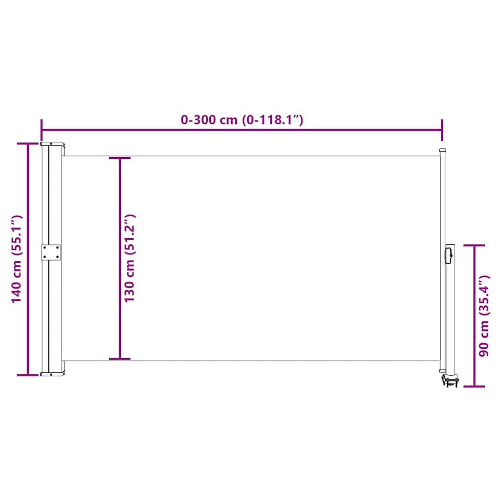 Szürke behúzható oldalsó terasz napellenző 140 x 300 cm