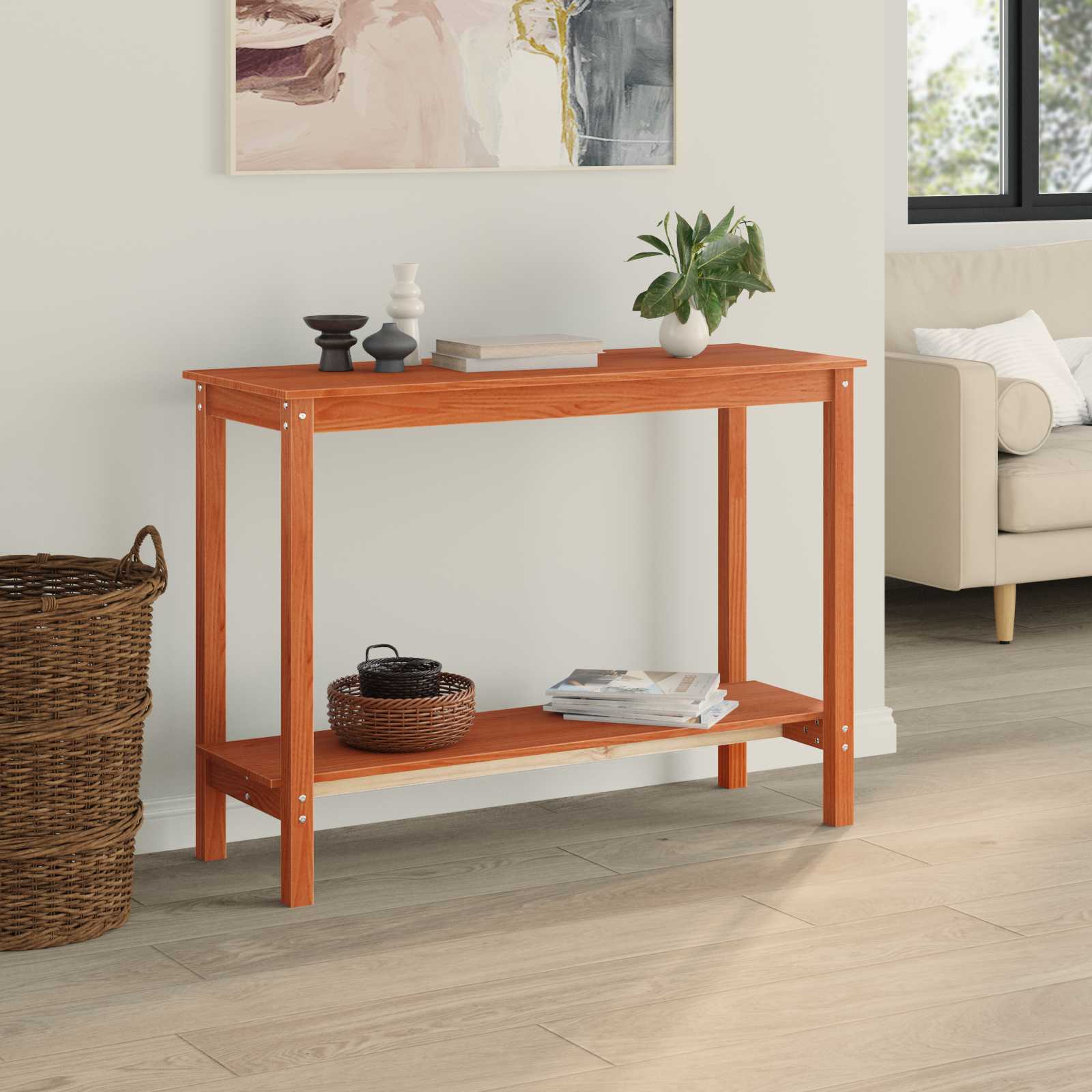 Konzolasztal polcokkal Viaszbarna 110 x 40 x 80 cm Tömör fenyő