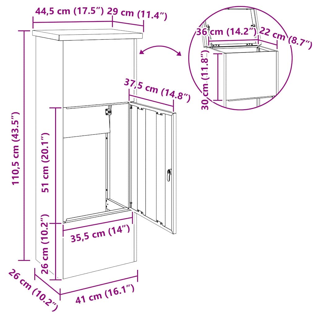 Csomagzáró doboz tárolóval Fekete 44,5 x 29 x 110,5 cm Acél
