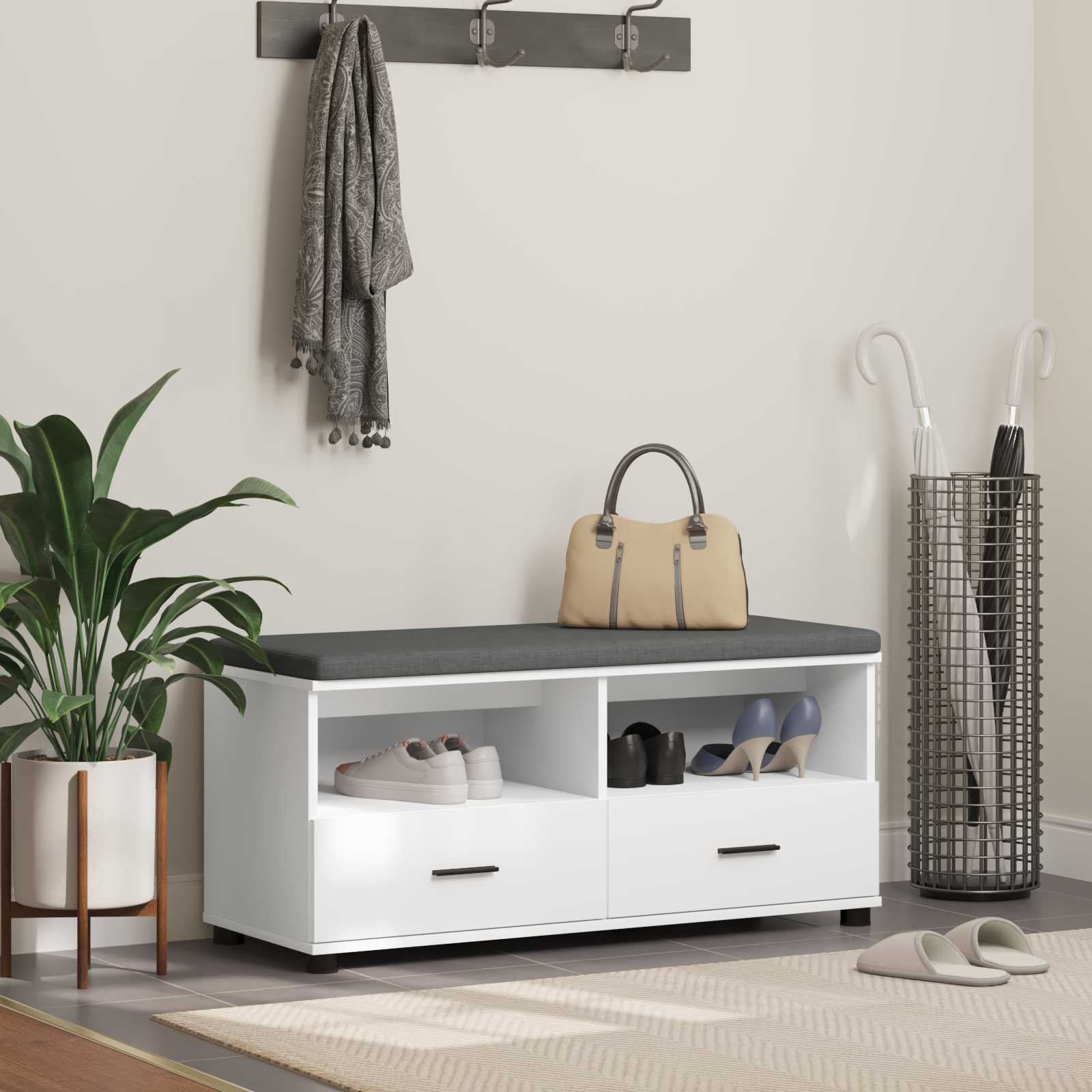 Előtér pad párnával Fehér 100 x 38 x 46 cm Műanyag Fa és Szövet
