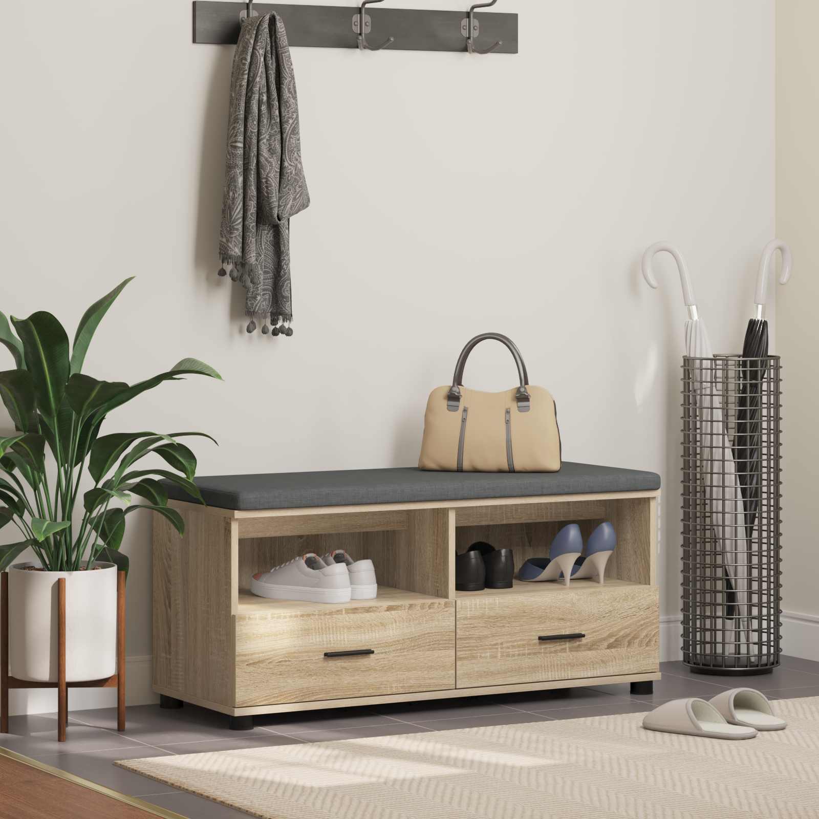 Előtér pad Sonoma tölgy 100 x 38 x 46 cm Műanyag Fa és Szövet