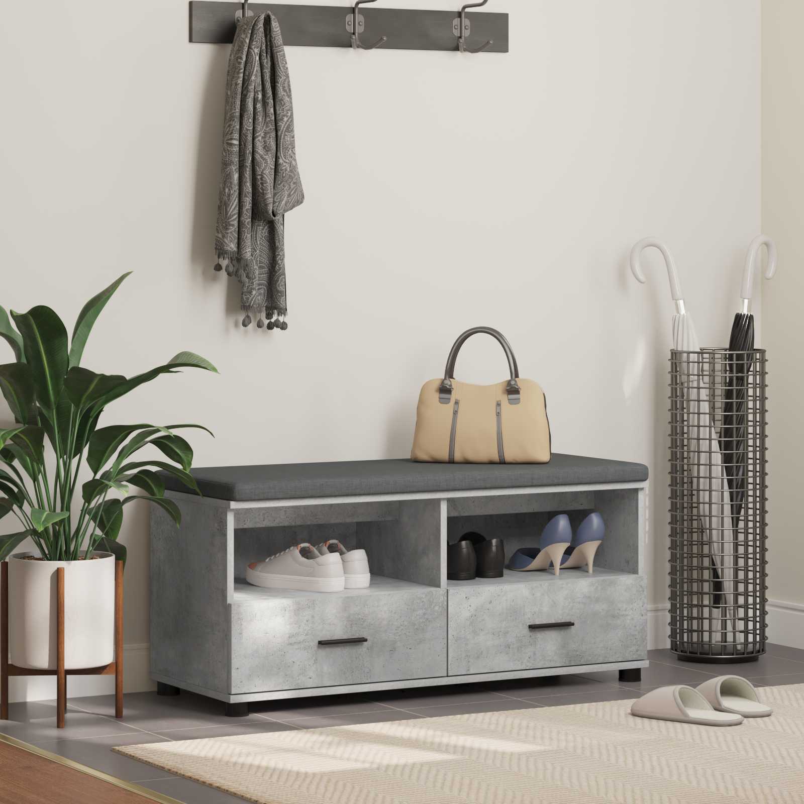 Előtér pad Beton Szürke 100 x 38 x 46 cm Műanyag Fa és Szövet