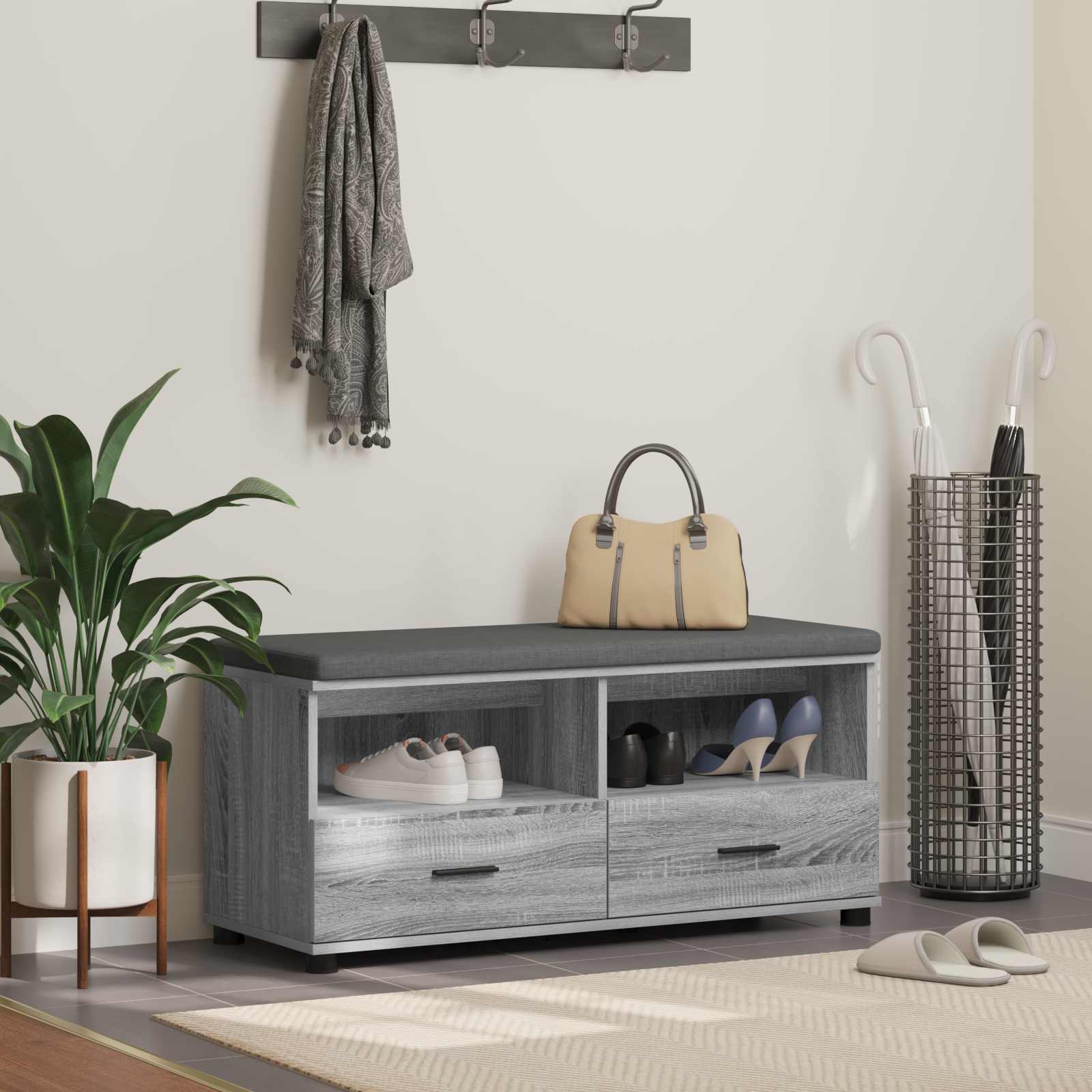 Előtér pad Szürke Sonoma 100 x 38 x 46 cm Műanyag Fa és Szövet