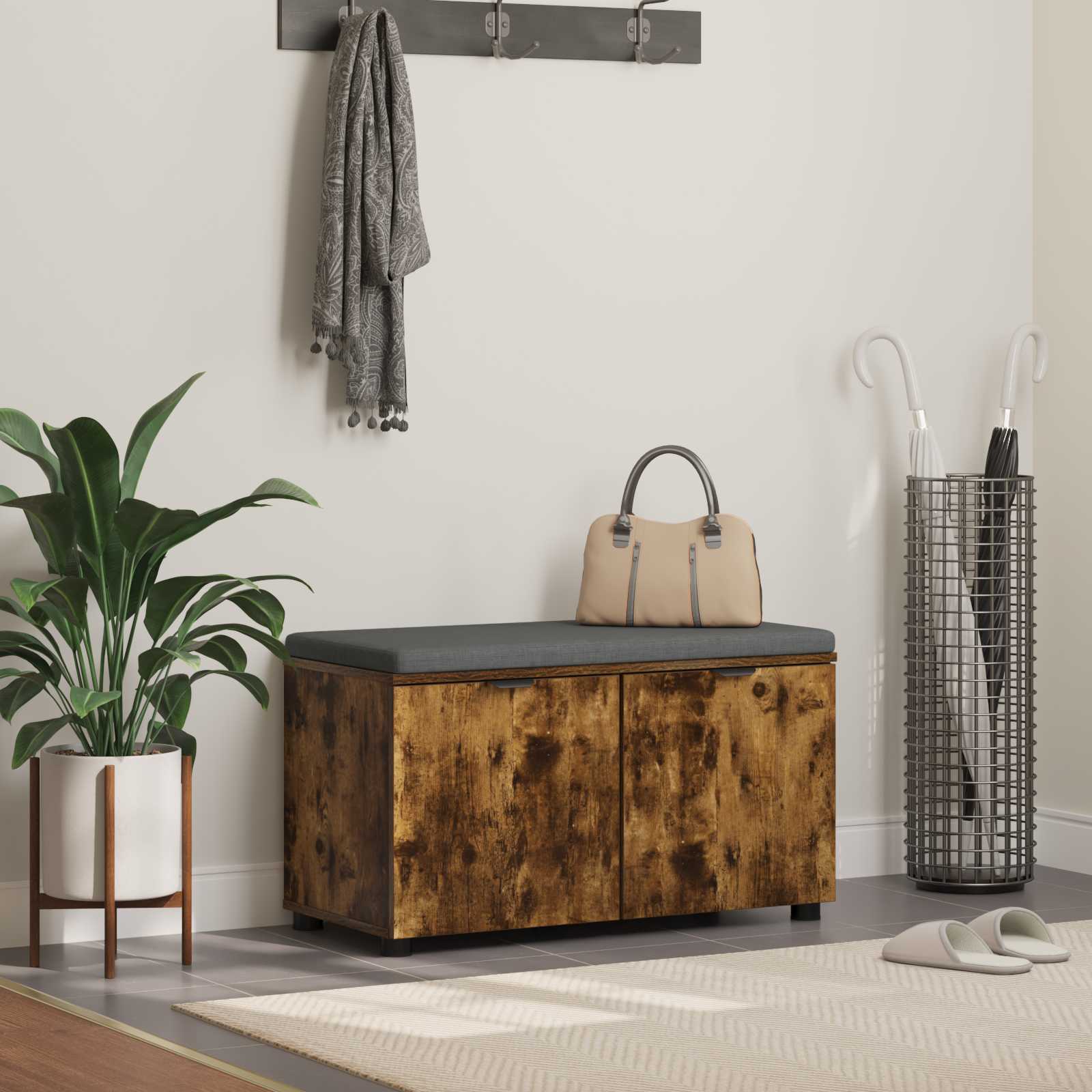 Előtér pad Füstölt Tölgy 80 x 38 x 46 cm Műanyag Fa és Szövet