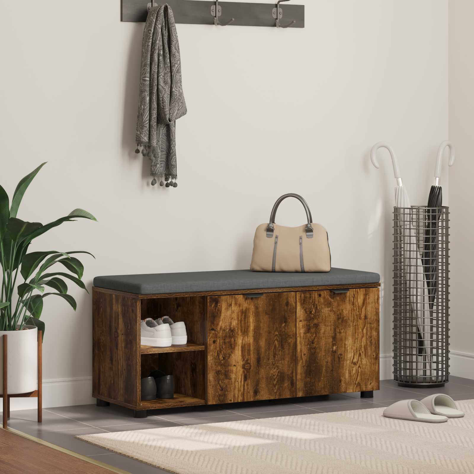 Előtér pad Füstölt Tölgy 100 x 38 x 46 cm Műanyag Fa és Szövet