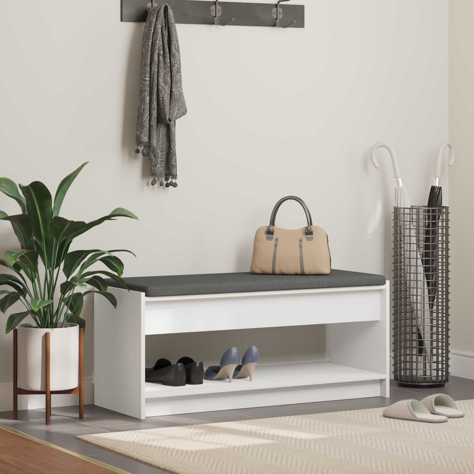 Előtér pad párnával Fehér 103 x 38 x 45 cm Műanyag Fa és Szövet