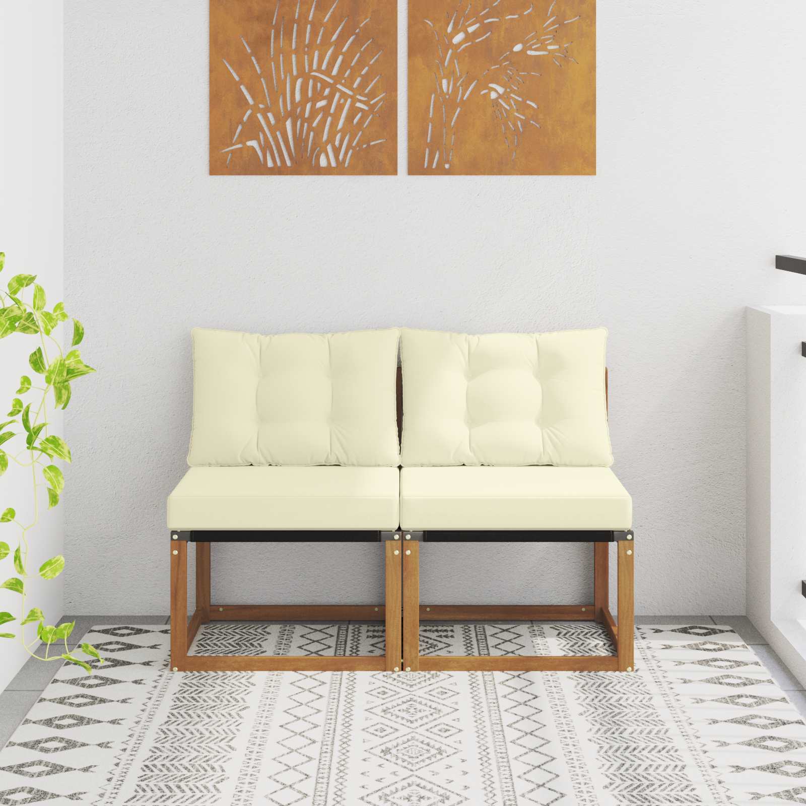 2 Darab Kültéri Középső kanapé Tömör akácfa és textilén szövet