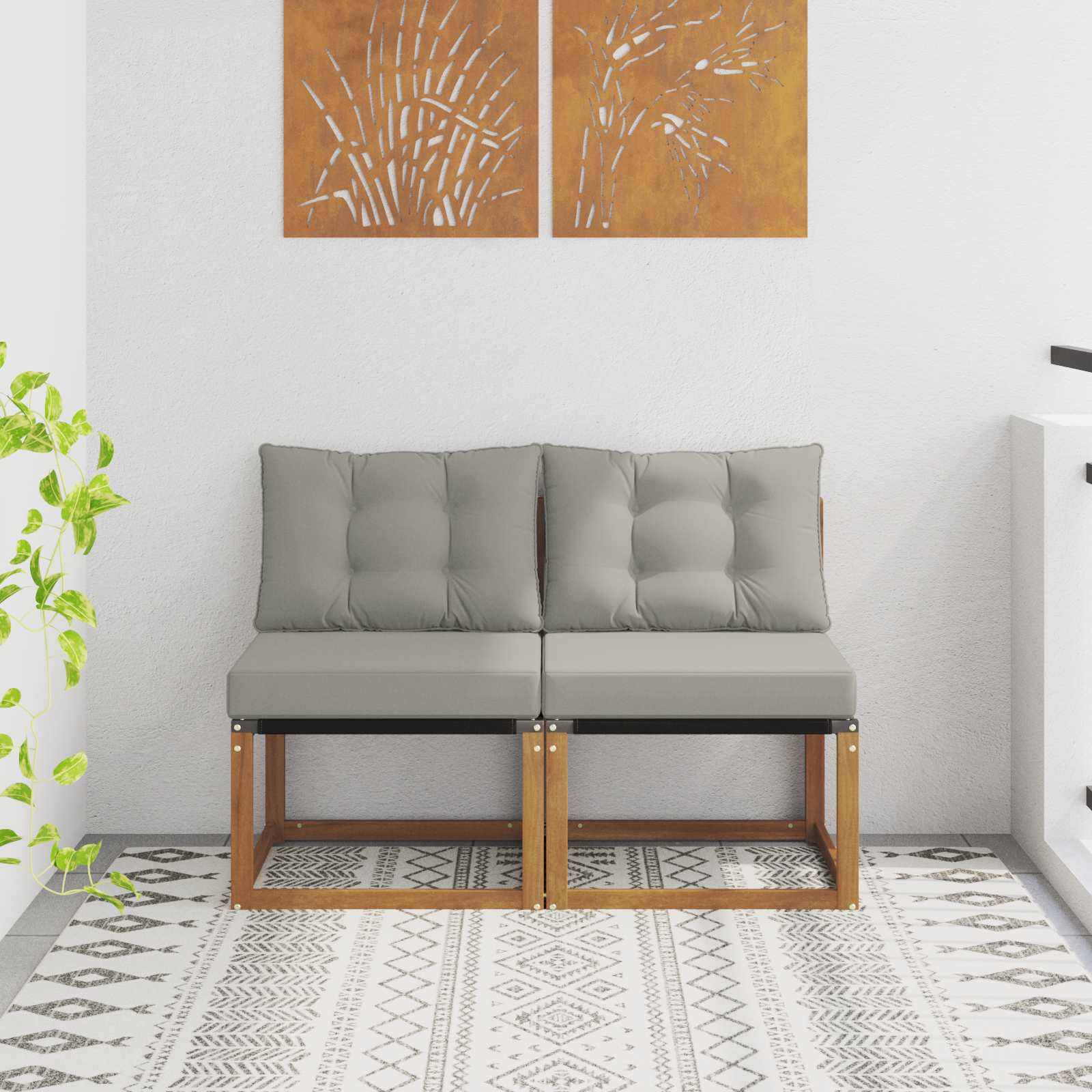 2 Darab Kültéri Középső kanapé Tömör akácfa és textilén szövet