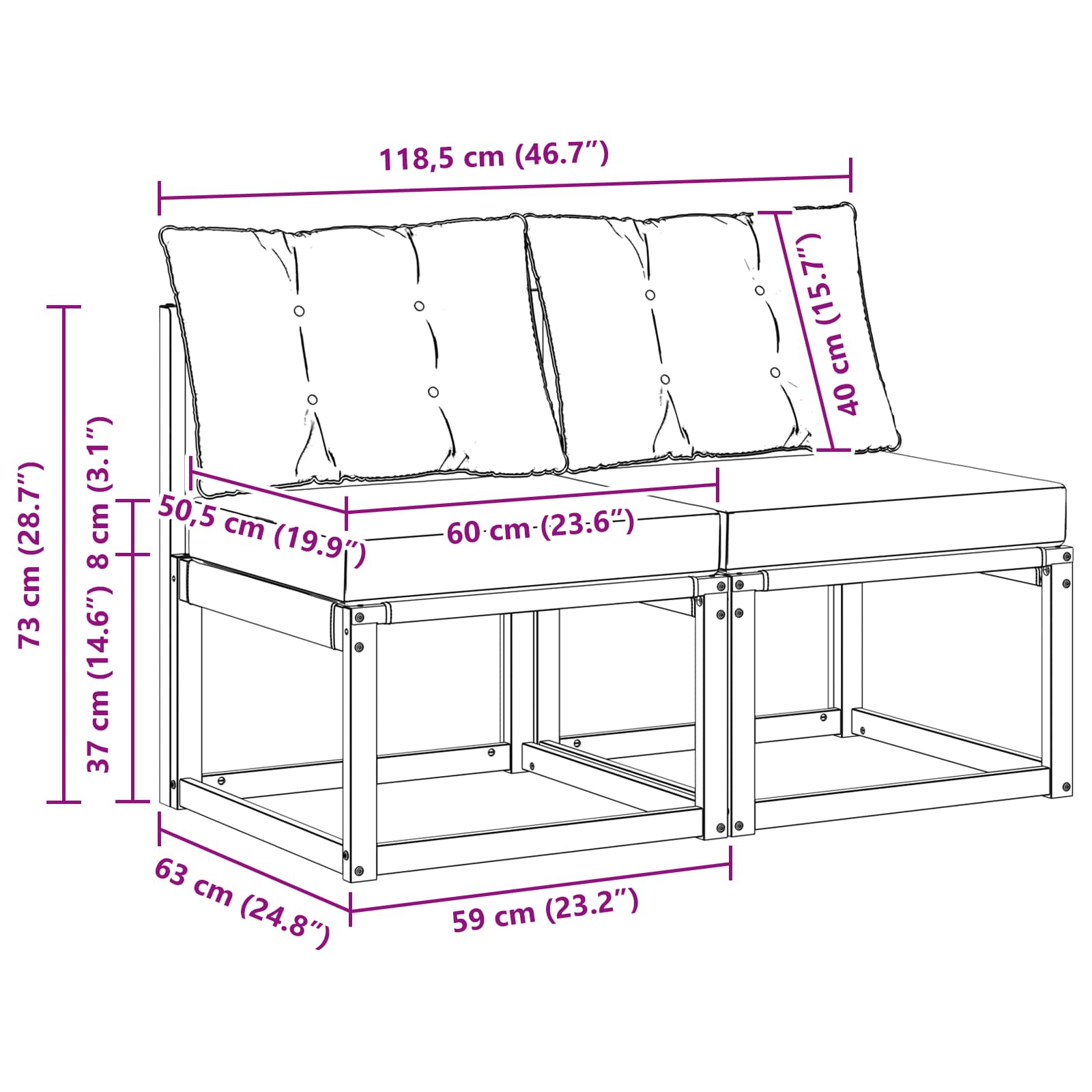 2 Darab Kültéri Középső kanapé Tömör akácfa és textilén szövet