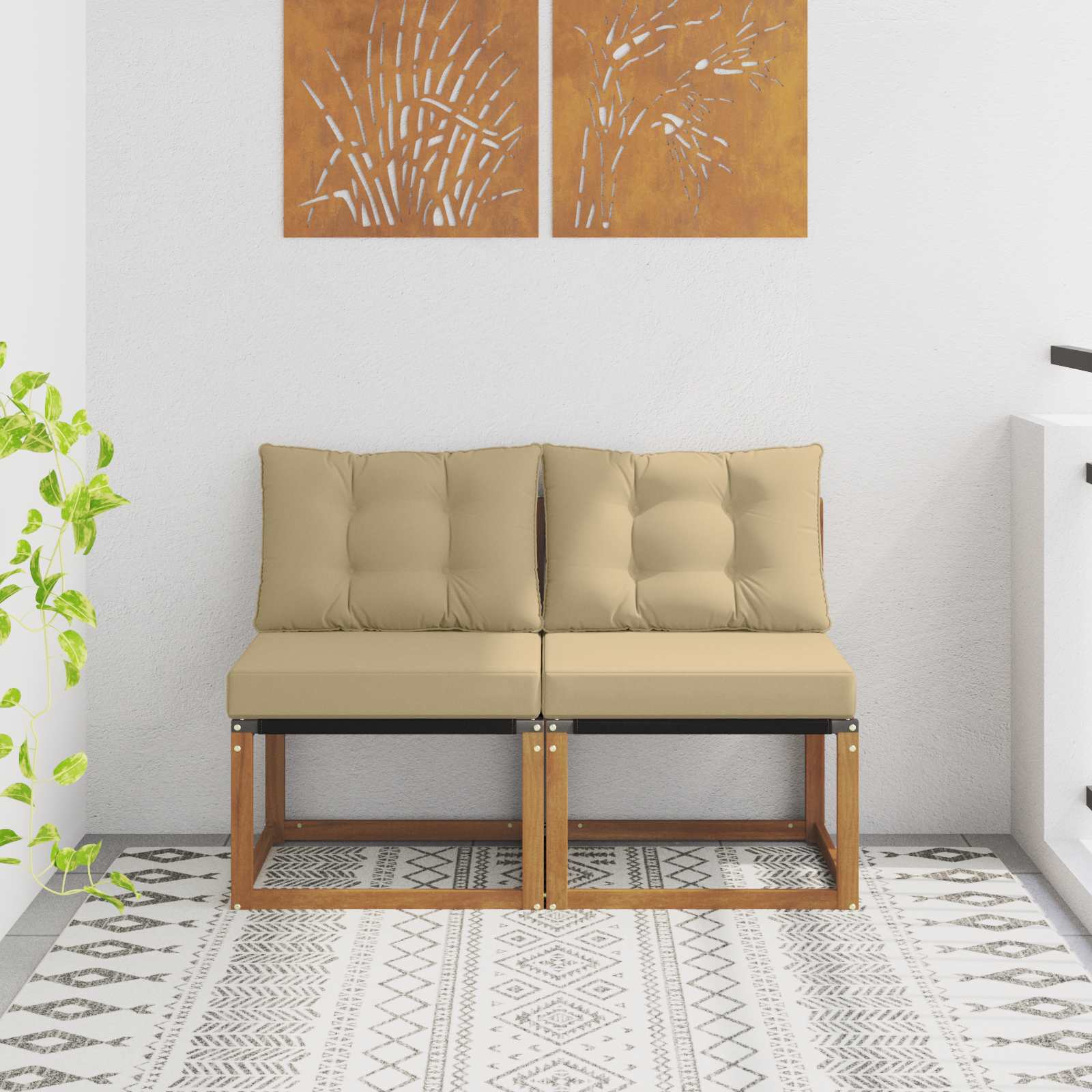 2 Darab Kültéri Középső kanapé Tömör akácfa és textilén szövet