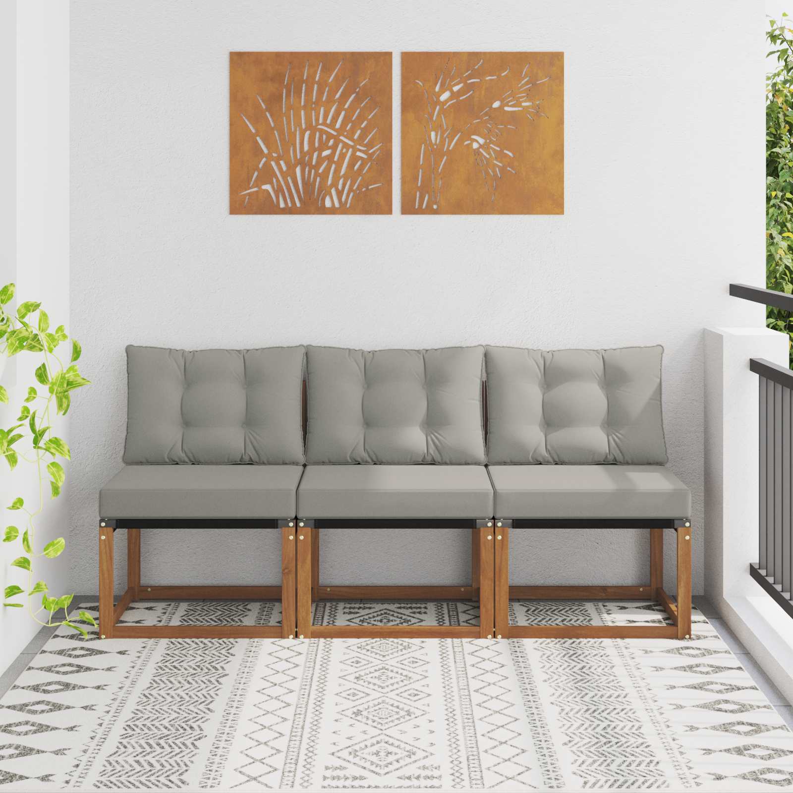 3 Darab Kültéri Középső kanapé Tömör akácfa és textilén szövet