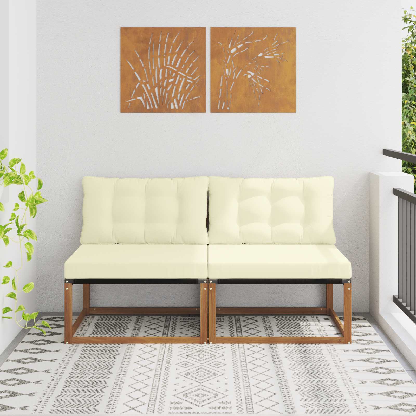 2 Darab Kültéri középső kanapé Tömör Akácfa Természetes