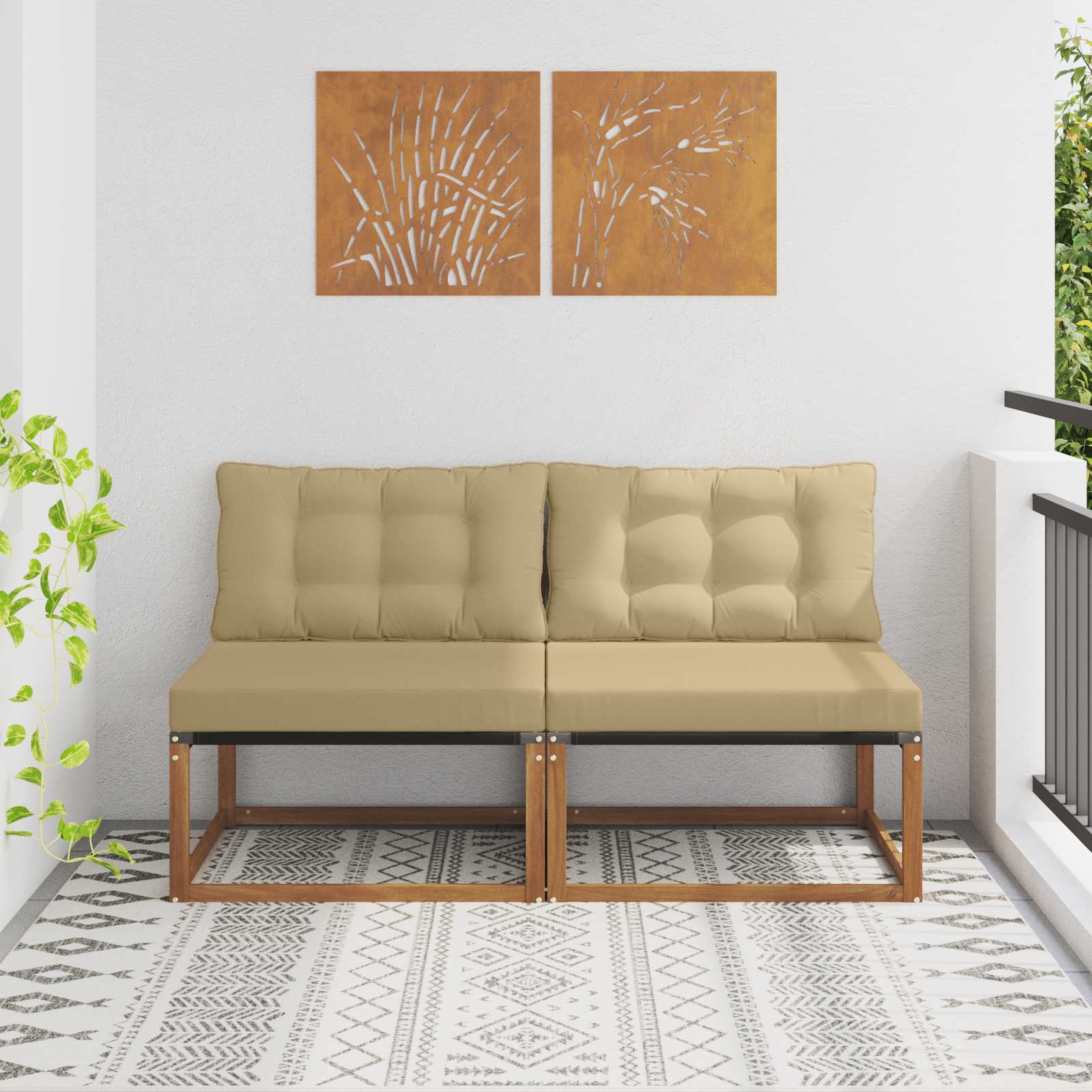 2 Darab Kültéri középső kanapé Tömör Akácfa Természetes