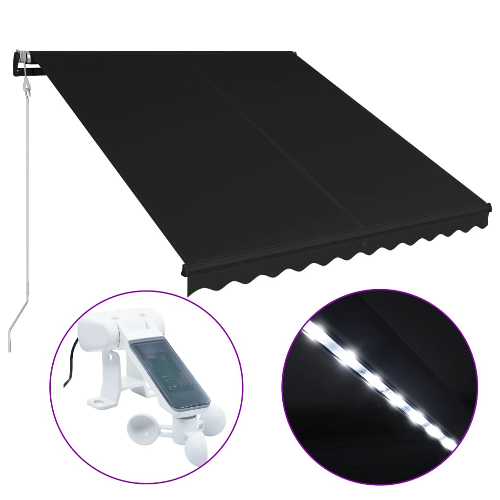 Antracit szélérzékelős és LED-es behúzható napellenző 300x250cm