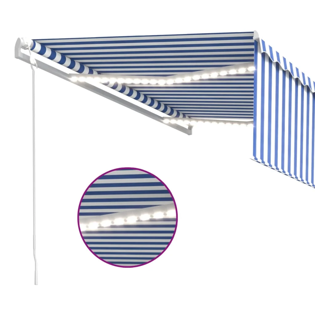 Kék és fehér redőnyös, szélérzékelős, LED-es napellenző 4,5x3 m 