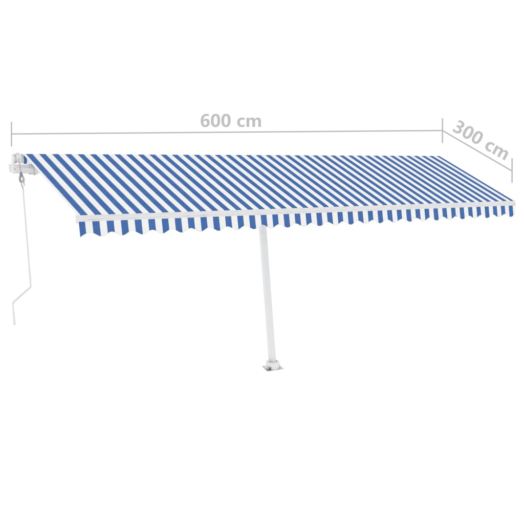 Kék és fehér automata póznás napellenző 600 x 300 cm