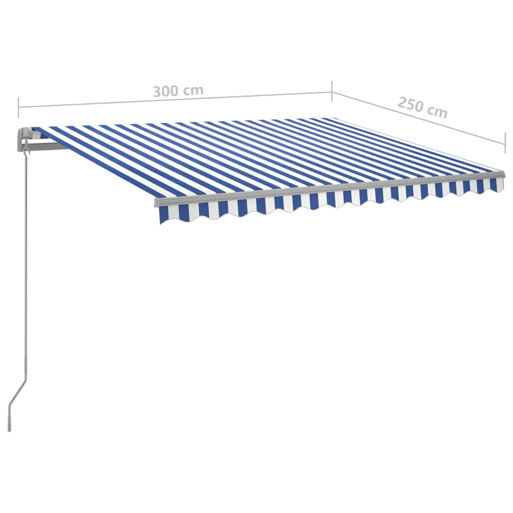 Kék és fehér automata napellenző póznákkal 3 x 2,5 m