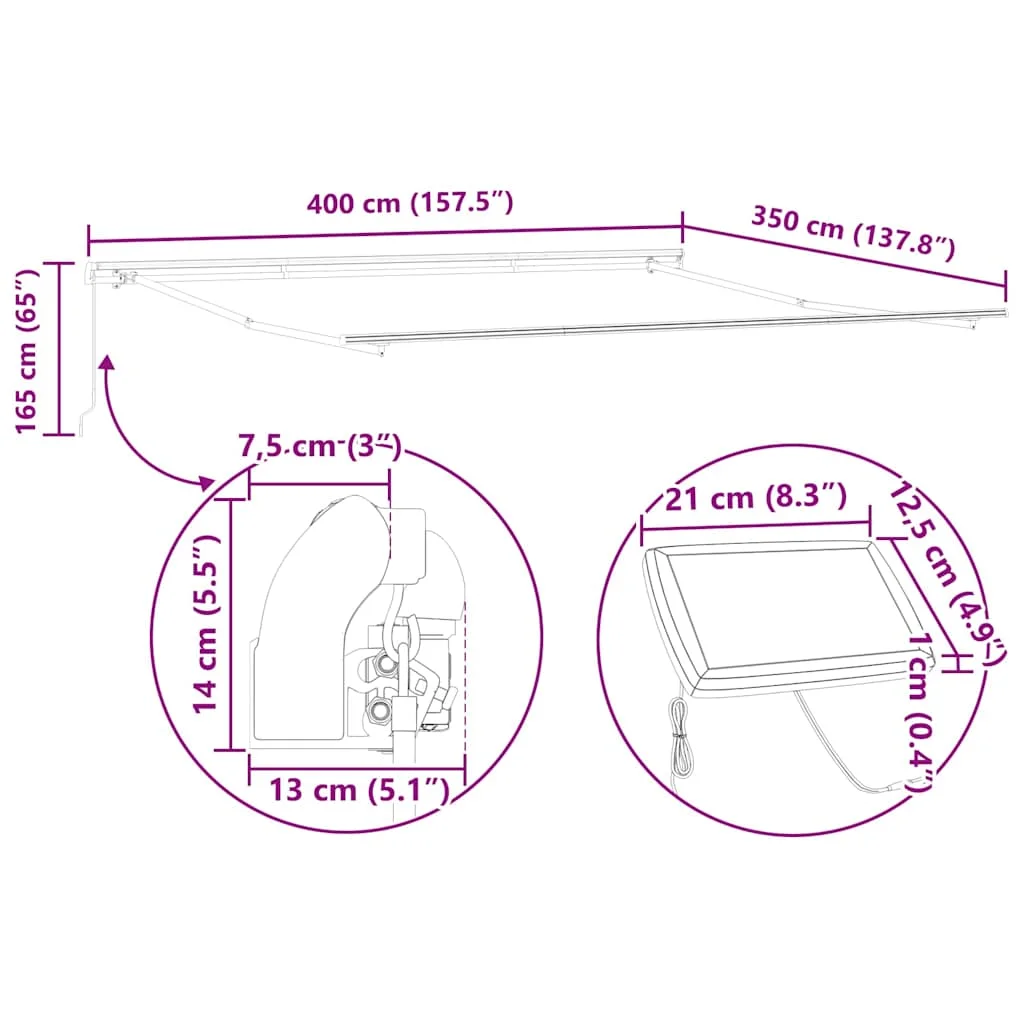 Napernyő keret LED -es lámpákkal Fehér 400 × 350 cm Alumínium