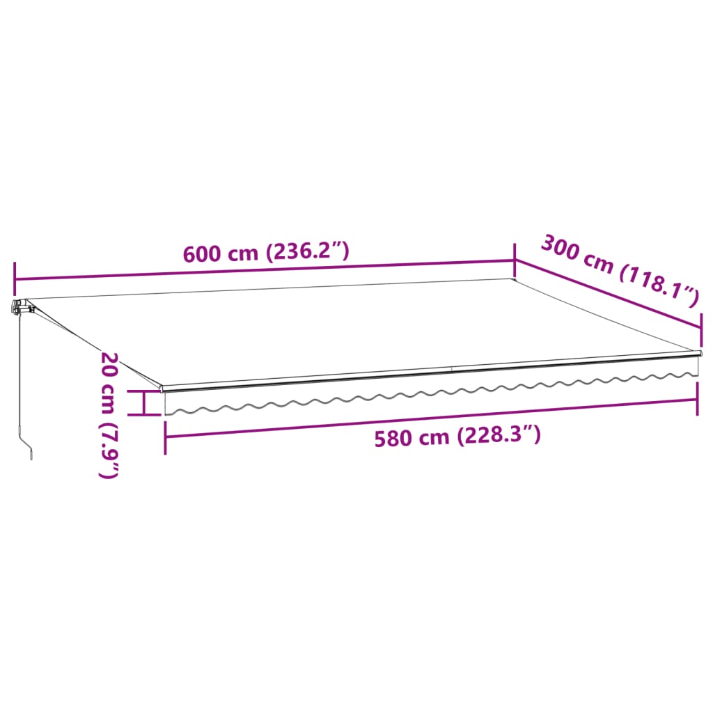 Burgundi vörös kézzel kihúzható LED-es napellenző 600 x 300 cm