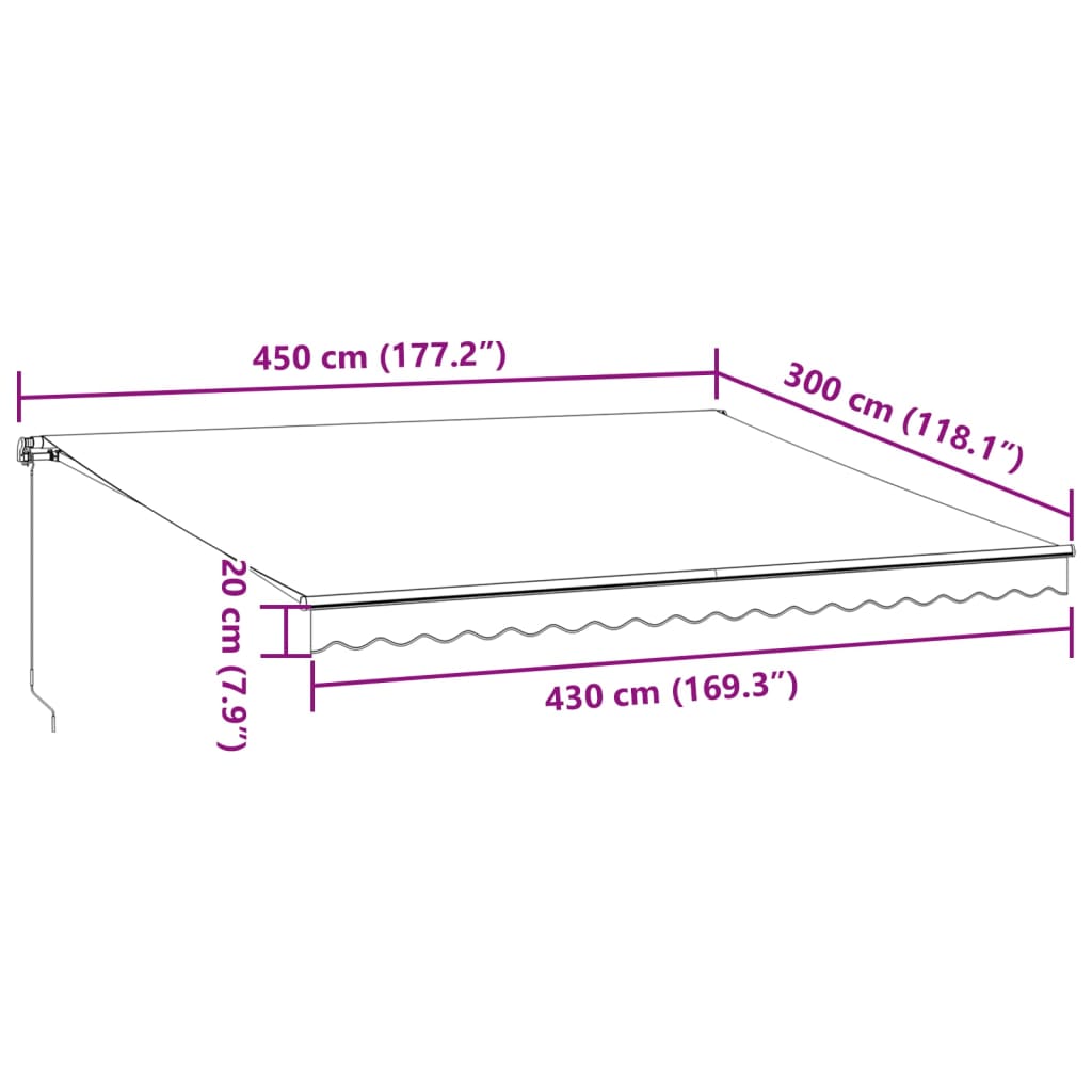 Burgundi vörös kézzel kihúzható LED-es napellenző 450 x 300 cm