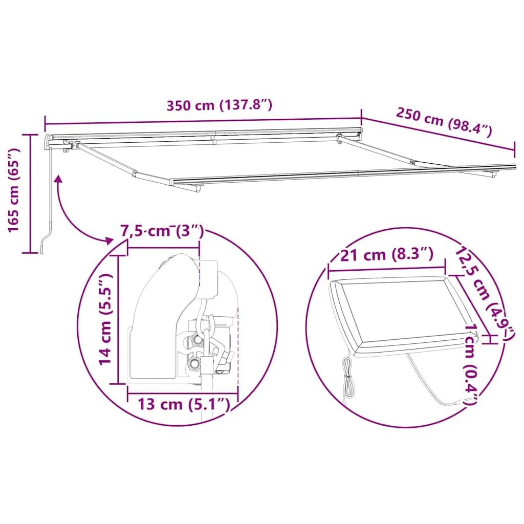 Kézi behúzható napellenző LED színes csíkkal 350x250 cm