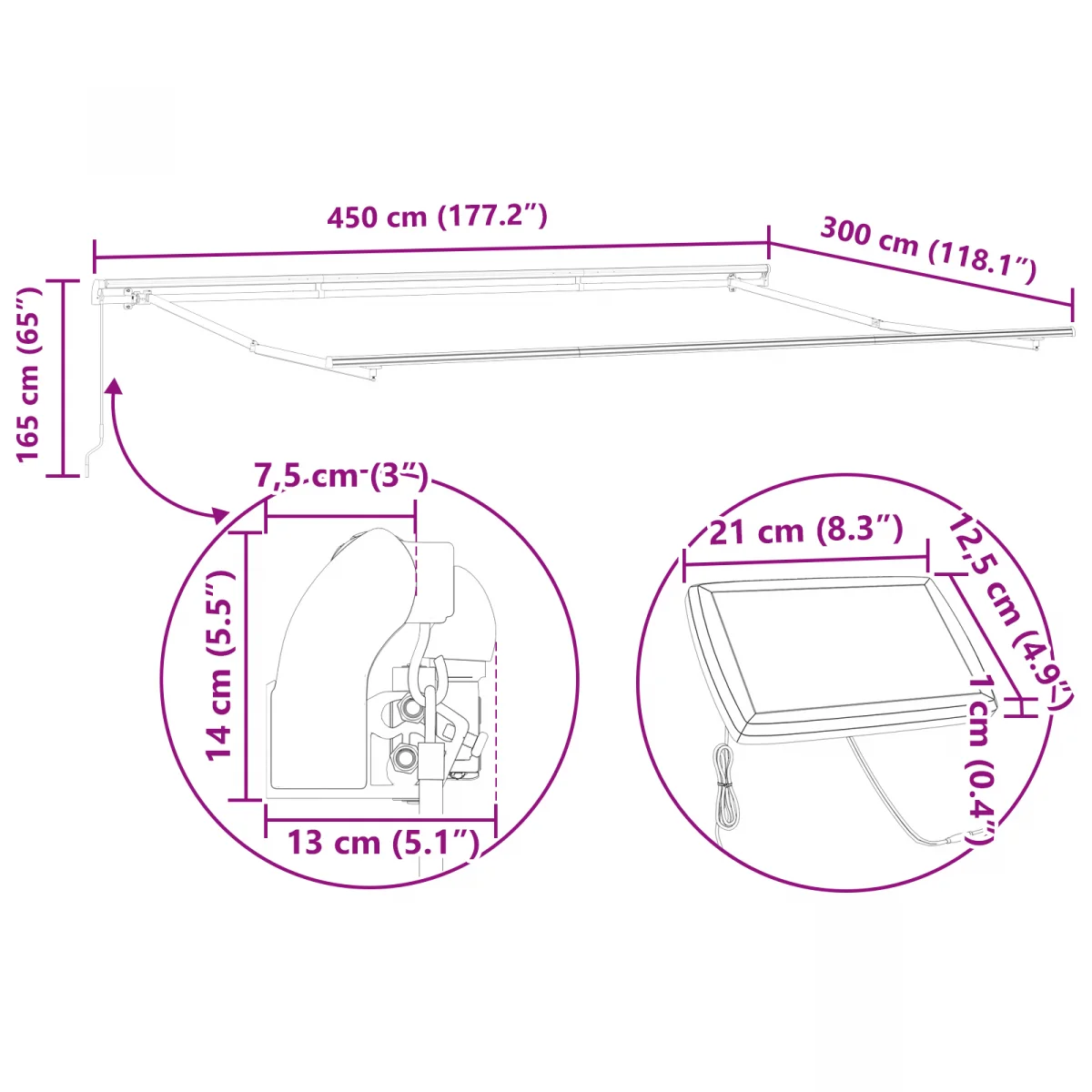 Kézi behúzható napellenző LED világítással, narancs és barna 450x300 cm