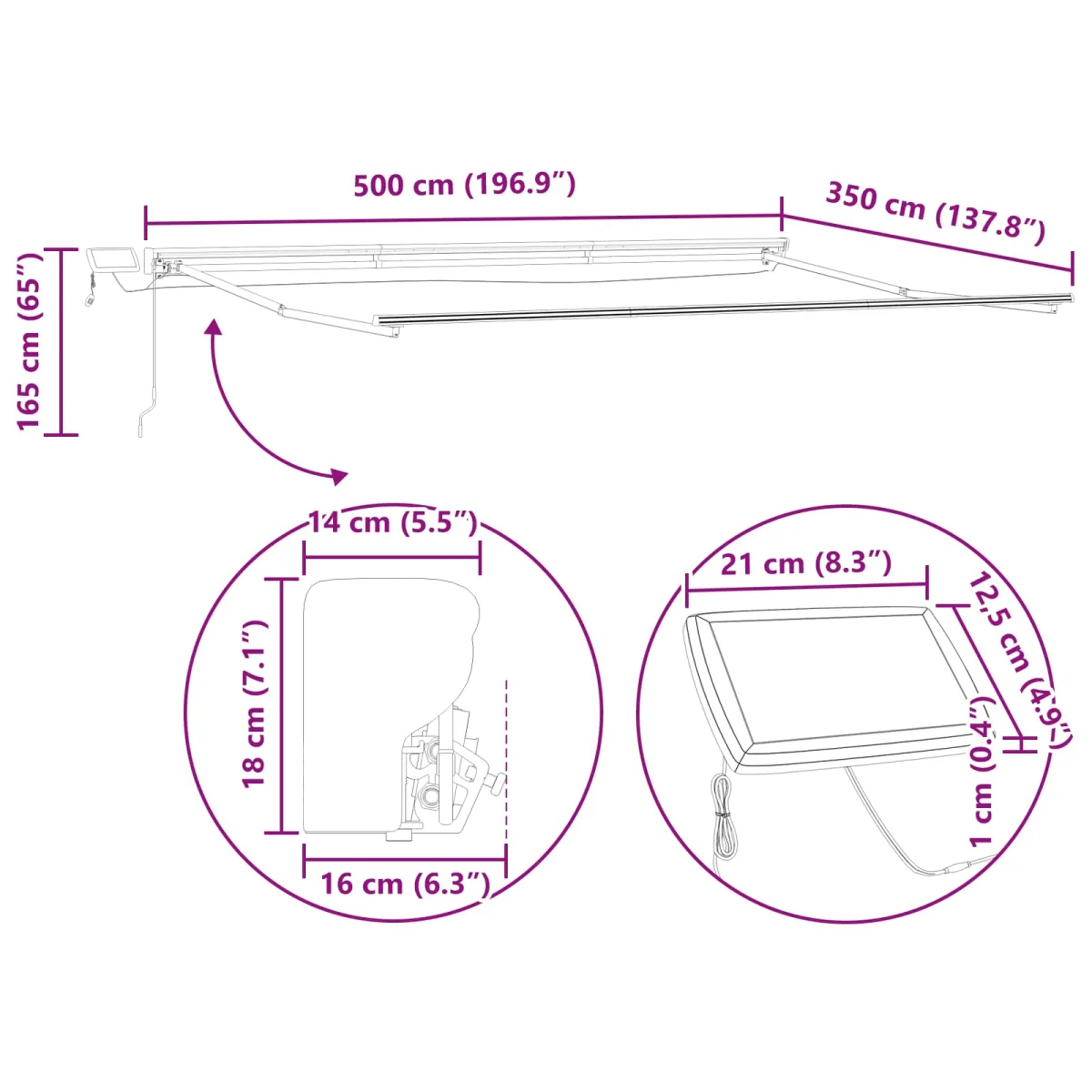 Kézi napellenző keret LED világítással 5 × 3,5 m