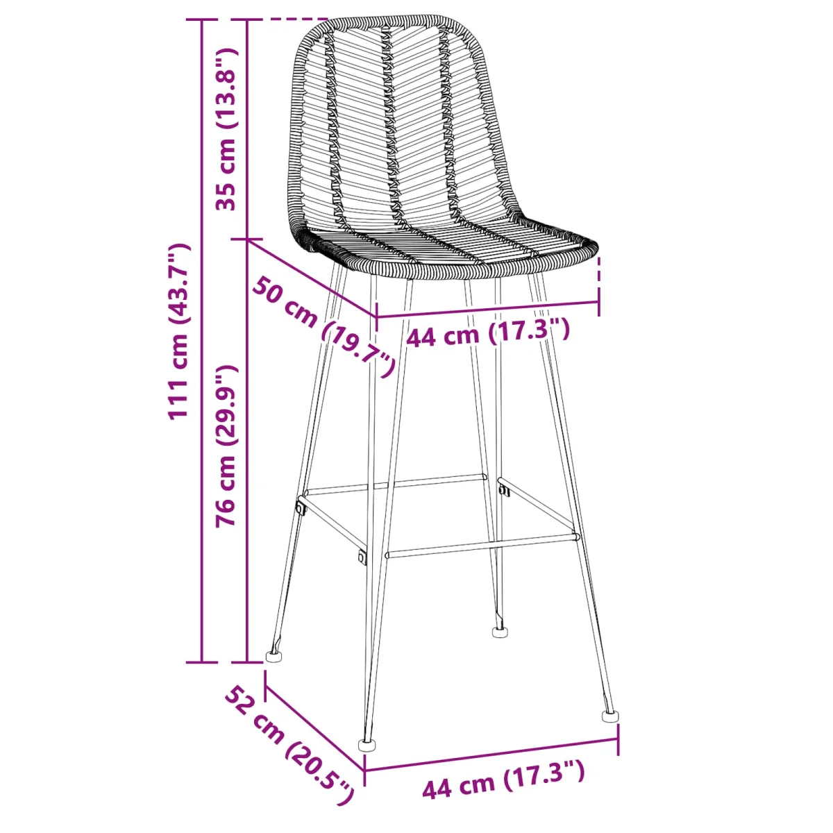 Bárszék 2 pcs Természetes 44,5 x 53 x 111 cm Rattan és Vas