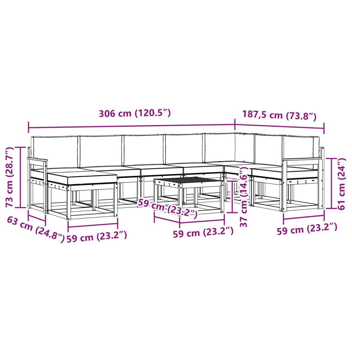 Kanapé Szett párnával 9 pcs Természetes és Világosszürke