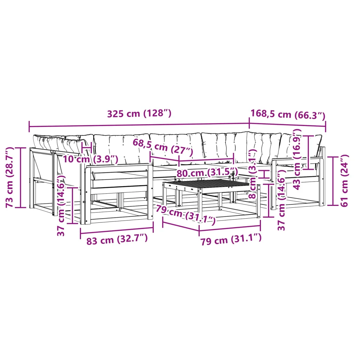 Kültéri kanapé szett 7 pcs Természetes és Világosszürke