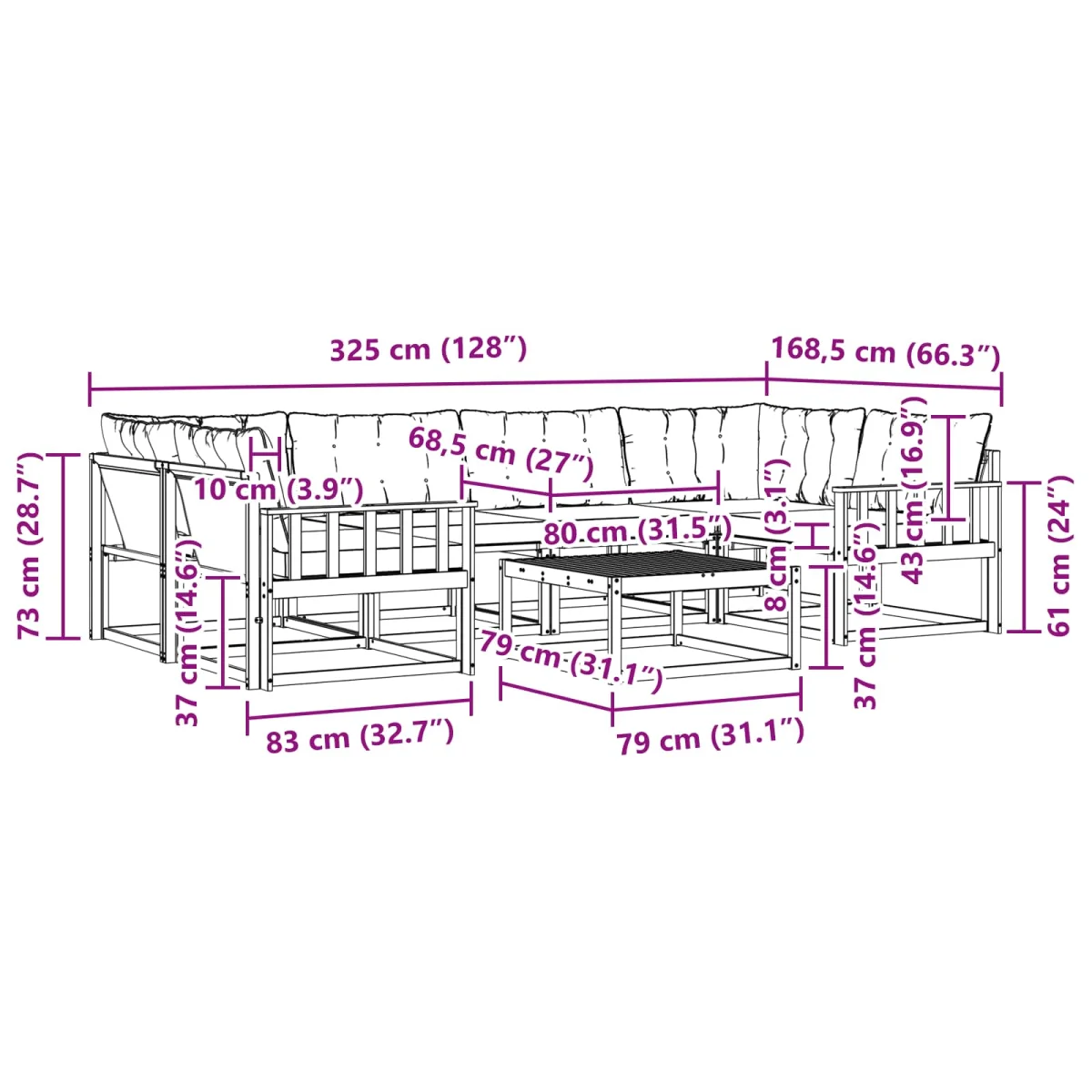 Kültéri kanapé szett 7 pcs Természetes és Világosszürke