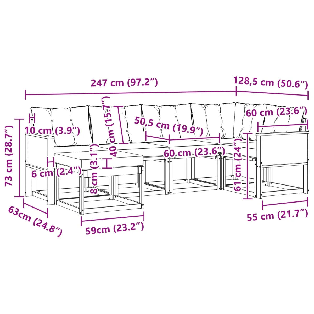 Kültéri kanapé szett 6 pcs Természetes és Világosszürke