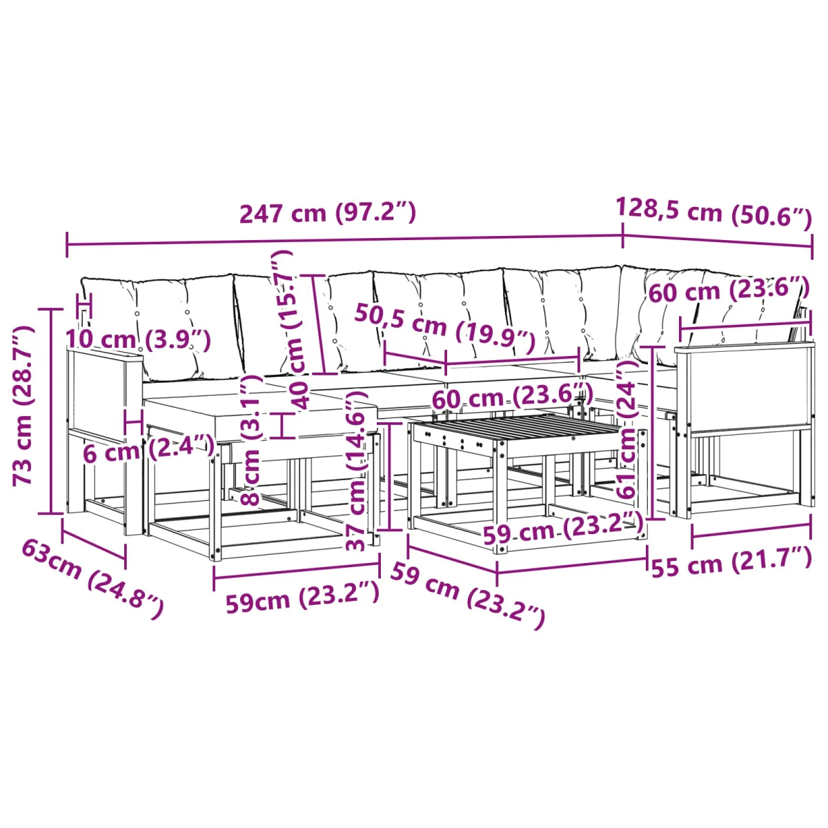 Kültéri kanapé szett párnával 7 pcs Természetes és bézs
