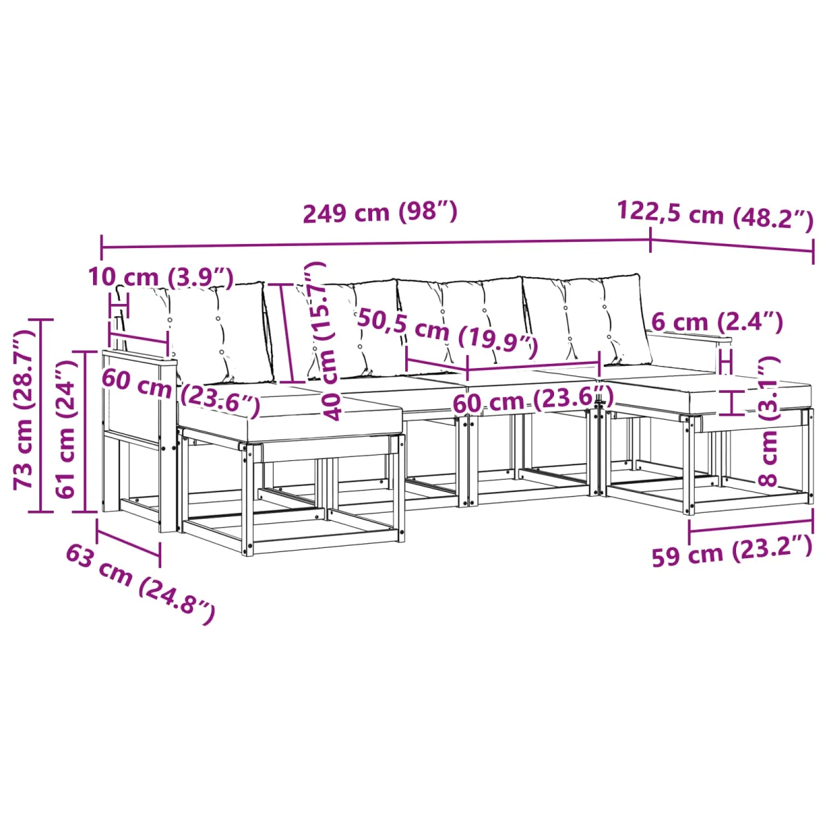 Kültéri kanapé szett párnával 6 pcs Természetes és krémszínű