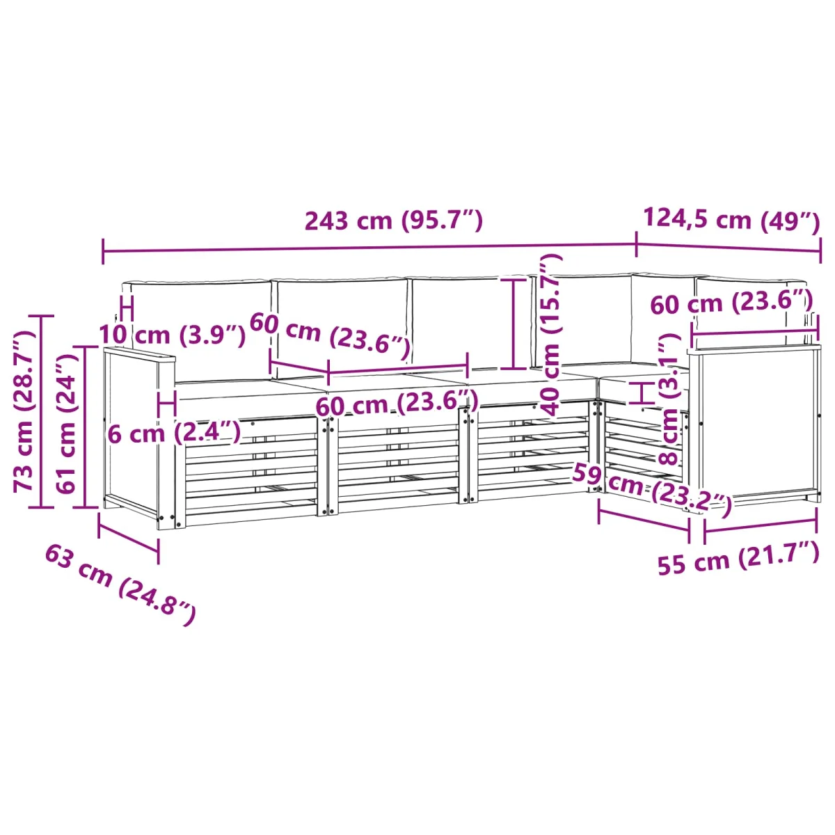 Szegmentált kanapé szett párnával 4 pcs Természetes és antracit
